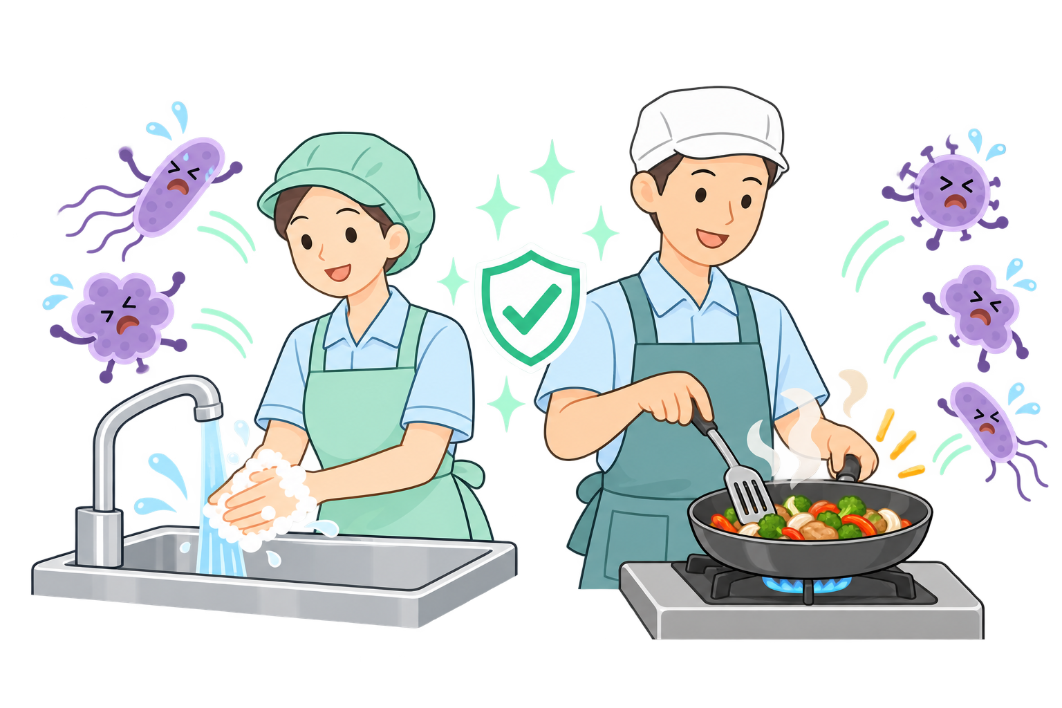 調理スタッフが手洗いと十分な加熱で食の安全を守るイラスト